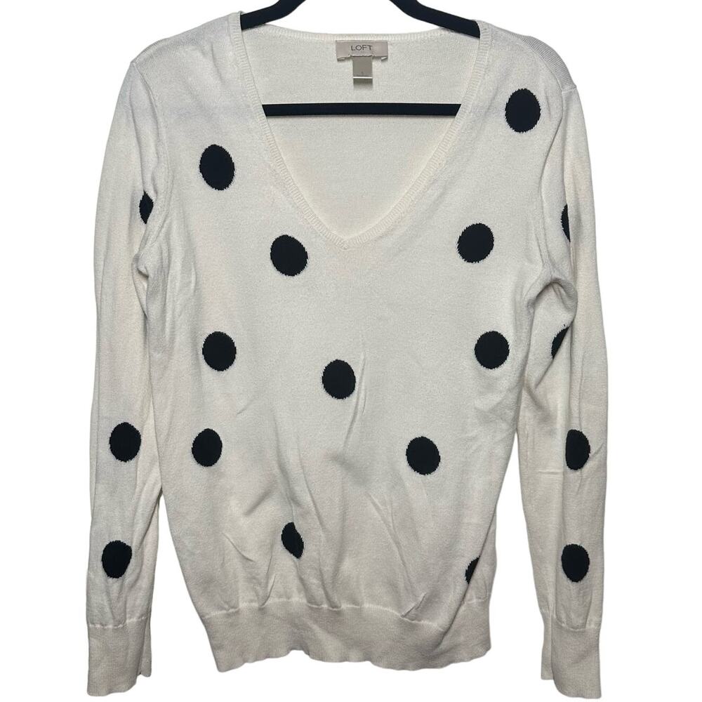 Loft White Black Polka Dots Long Sleeve V Neck Sweater Size Small